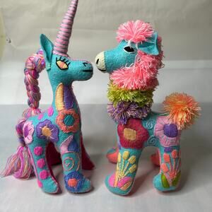 12" Handmade Colorful Mexican Embroidered Felt Folk Art Unicorn & Llama Medium